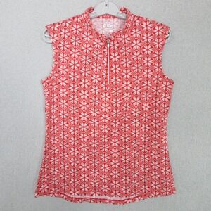 NVO Women's Golf Polo Shirt Red Floral Sleeveless Quarter Zip Size Medium